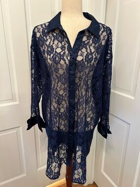 VICTORIA’S SECRET Gold Label VTG Lace Sleep Shirt Navy Sheer Button S